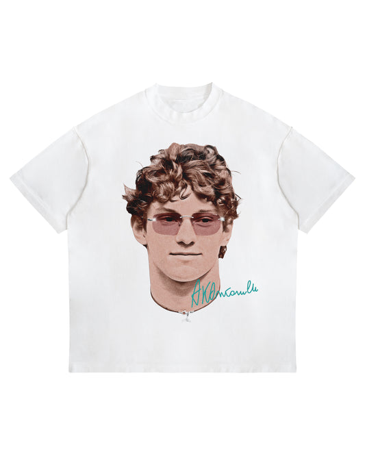 White t-shirt with a graphic of a Kimi Antonelli with sunglasses and text on a white background