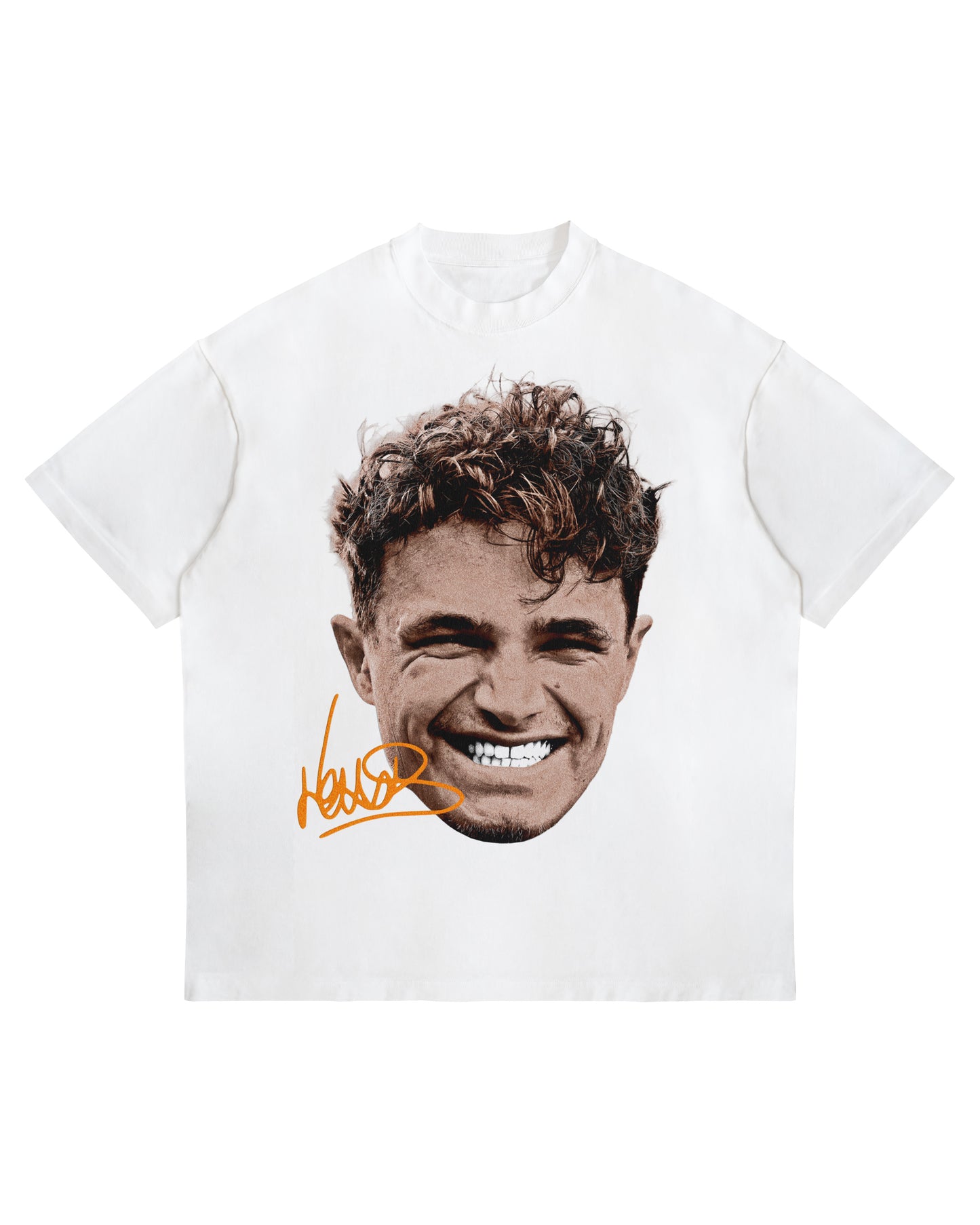 Lando Norris big head graphic T-shirt with orange signature on white heavyweight oversized cotton tee.