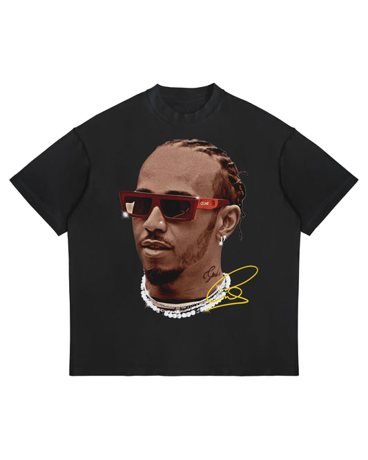 Lewis Hamilton big head graphic T-shirt with red sunglasses and yellow signature on white heavyweight oversized cotton tee.