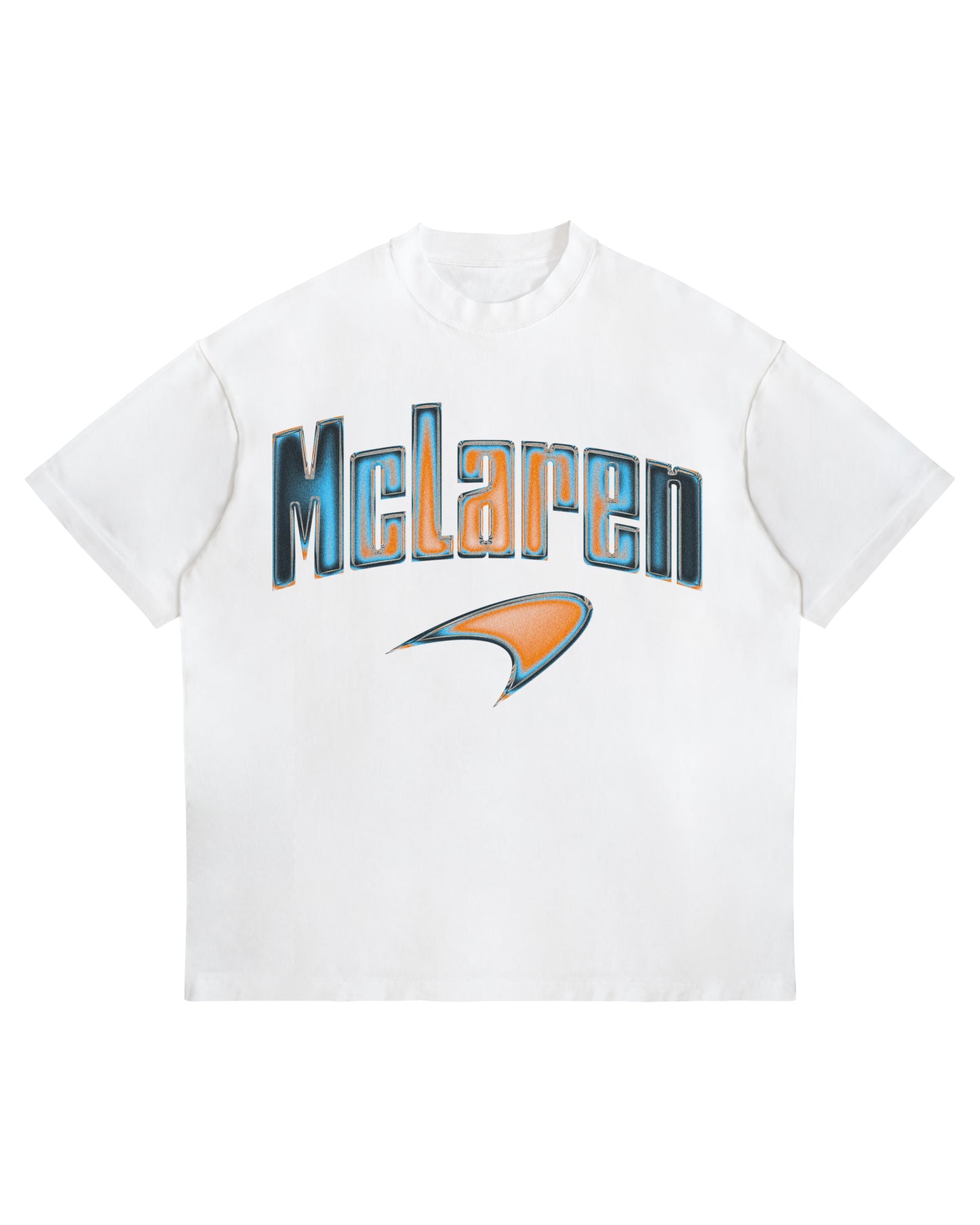 McLaren F1 chrome-effect logo T-shirt on oversized heavyweight white cotton tee.