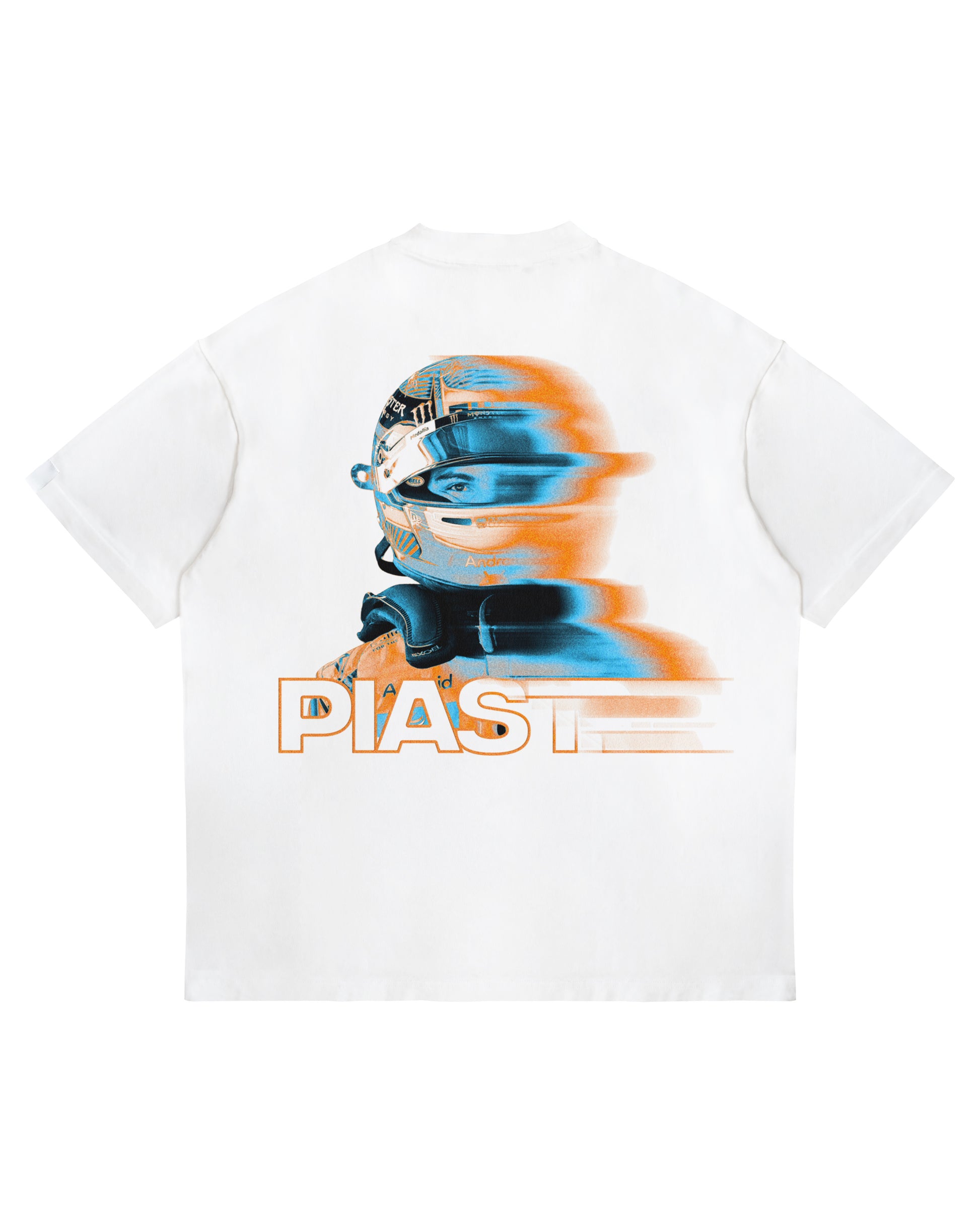 Oscar Piastri T-shirt with back blur-effect helmet graphic and “PIASTRI” text on heavyweight white cotton tee.